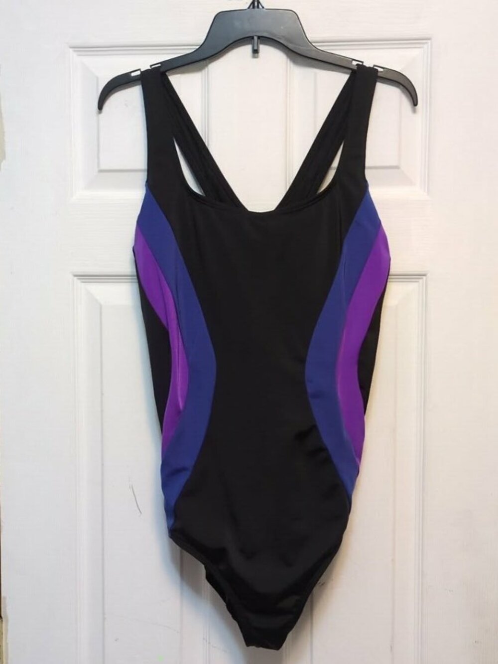 Lands End Colorblock One Piece Swimsuit Size 16L Tall Black Purple Blu